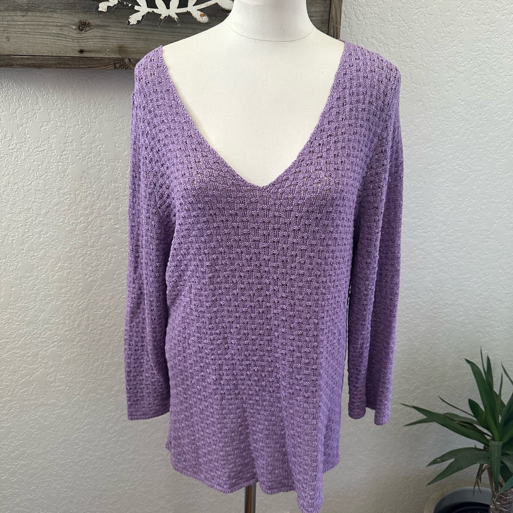 Eileen Fisher Purple V-Neck Silk blend open Knit Sweater ladies XL NWT